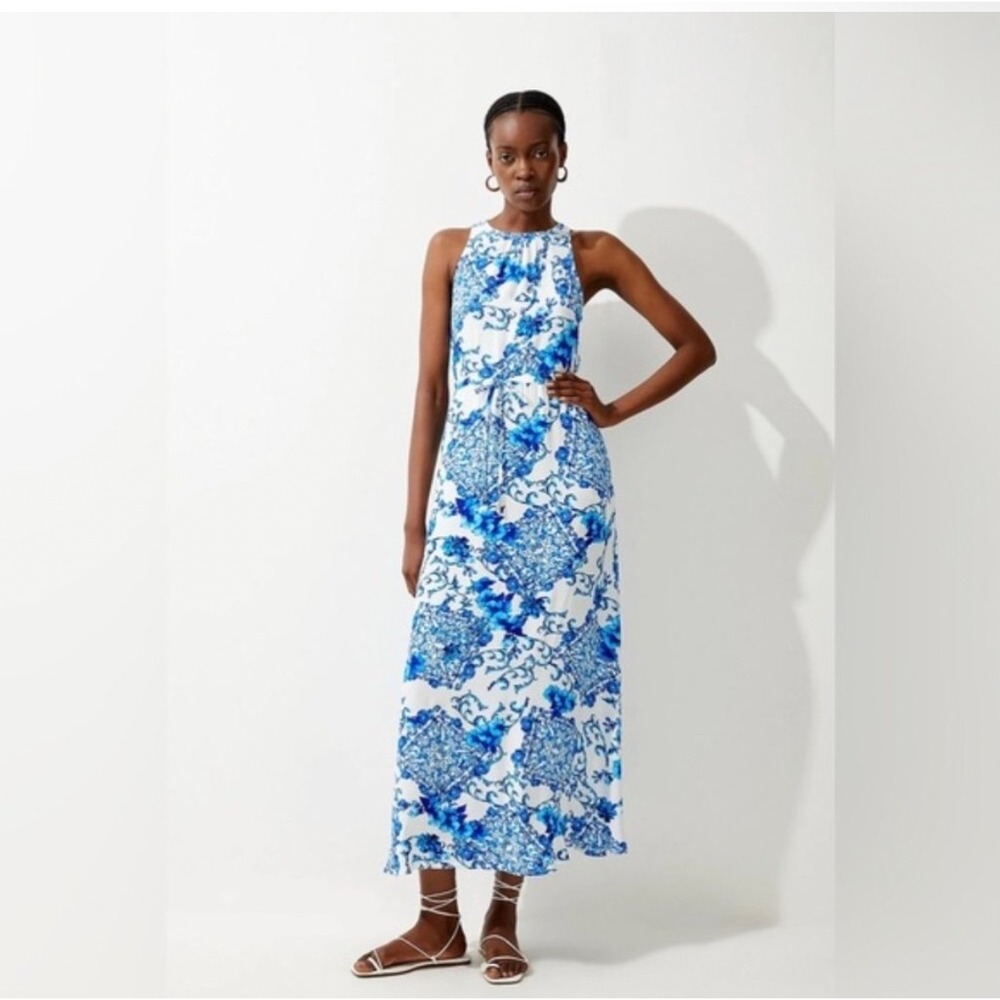 Karen Millen Blue White Porcelain Floral Halter Maxi Dress Drawstring Waist US 4